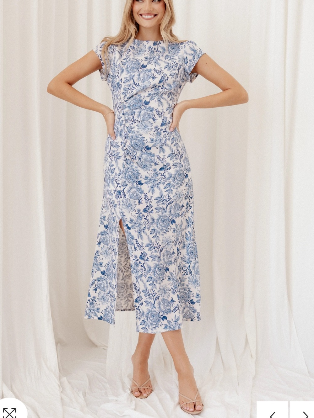 Petal & Pup Blue and White Floral Midi Dress with Side Slit